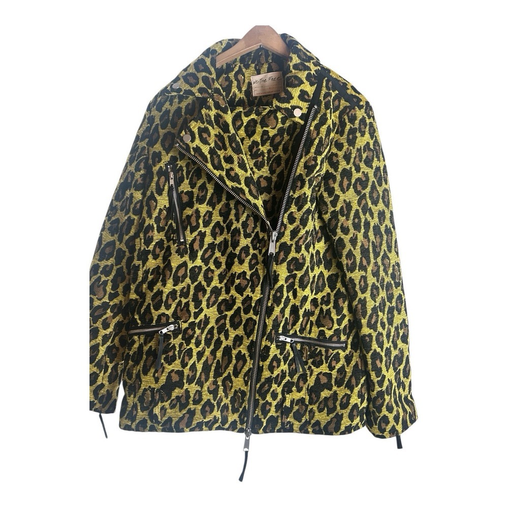 FREE PEOPLE Femme Fatale Long‎ Moto Jacket Yellow Leopard Print Size  Small